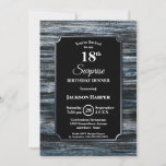 Invitación Surprise 18th Birthday Dinner Wood Fiesta<br><div class="desc">Una rústica invitación a la cena de 18 años en madera de granero gris y azul con bordes plateados,  con el texto blanco resaltado en un fondo negro.</div>