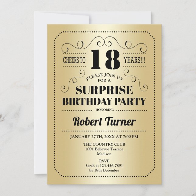 Invitación Surprise 18th Birthday - Gold Black (Anverso)