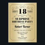 Invitación Surprise 18th Birthday - Gold Black<br><div class="desc">Sorpresa 18 cumpleaños Invitación Retro diseño en Relieve metalizado falso oro y negro. ¡Salud a 18 años! También se puede personalizar en cualquier año.</div>