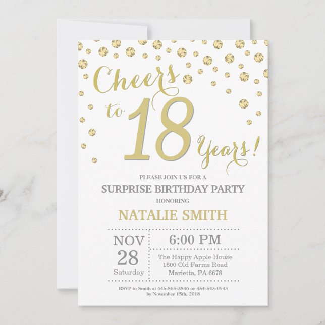 Invitación Surprise 18th Birthday Gold Purpurina Diamond (Anverso)