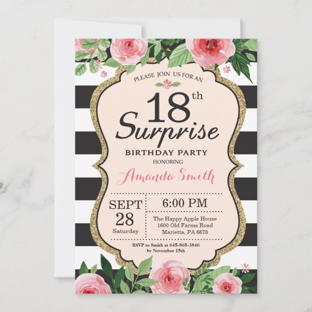 Invitación Surprise 18th Birthday Invitation Floral (Anverso)