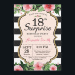 Invitación Surprise 18th Birthday Invitation Floral<br><div class="desc">Sorpresa Invitación a los 18 Años para Mujeres. Invitación a la fiesta de cumpleaños de oro y negro. Brillantina dorada. Flor floral color agua rosada. Rayas blancas y negras. Digital Imprimible. Para una mayor personalización, haga clic en el botón "Personalizar" y utilice nuestra herramienta de diseño para modificar esta plantilla....</div>