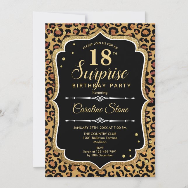 Invitación Surprise 18th Birthday - Leopard Black Gold (Anverso)