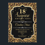 Invitación Surprise 18th Birthday - Leopard Black Gold<br><div class="desc">Sorpresa Invitación a los 18 Años. Diseño femenino en oro negro y falso purpurina. Presenta un patrón de cheetah de leopardo animal,  fuente de escritura y confeti. Perfecto para una elegante fiesta de cumpleaños. Se puede personalizar para mostrar cualquier edad. Mándame un mensaje si necesitas más personalización.</div>