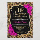 Invitación Surprise 18th Birthday - Leopard Black Gold Pink<br><div class="desc">Sorpresa Invitación a los 18 Años. Diseño negro femenino, rosa caliente y oro falso purpurina. Presenta un patrón de cheetah de leopardo animal, rosas de fuchsia, tipo de letra de guión y confeti. Perfecto para una elegante fiesta de cumpleaños. Se puede personalizar para mostrar cualquier edad. Mándame un mensaje si...</div>