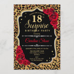 Invitación Surprise 18th Birthday - Leopard Black Gold Red<br><div class="desc">Sorpresa Invitación a los 18 Años. Diseño rojo y negro femenino con oro falso purpurina. Presenta un patrón de cheetah de leopardo animal, rosas rojas, tipografía de guión y confeti. Perfecto para una elegante fiesta de cumpleaños. Se puede personalizar para mostrar cualquier edad. Mándame un mensaje si necesitas más personalización....</div>