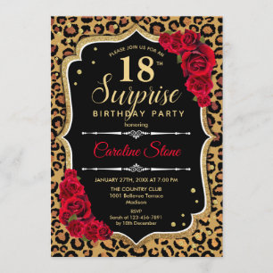 Invitación Surprise 18th Birthday - Leopard Black Gold Red
