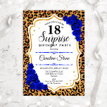 Invitación Surprise 18th Birthday - Leopard Gold Royal Blue<br><div class="desc">Sorpresa Invitación a los 18 Años. Diseño blanco, azul real y femenino, con oro falso purpurina. Presenta un patrón de cheetah de leopardo animal, rosas azules de zafiro, fuente de guión y confeti. Perfecto para una elegante fiesta de cumpleaños. Se puede personalizar para mostrar cualquier edad. Mándame un mensaje si...</div>