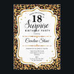 Invitación Surprise 18th Birthday - Leopard Gold White<br><div class="desc">Sorpresa Invitación a los 18 Años. Diseño femenino con falso oro purpurina. Presenta papel de cheetah de leopardo animal,  letra de guión y confeti. Perfecto para una elegante fiesta de cumpleaños. Se puede personalizar para mostrar cualquier edad. Mándame un mensaje si necesitas más personalización.</div>