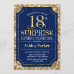 Invitación Surprise 18th Birthday Party<br><div class="desc">Invitación a la celebración de cumpleaños número 18 de sorpresa. Elegante diseño elegante en tonos azul marino y purpurina. Presenta una fuente de script elegante. Mándame un mensaje si necesitas más personalización.</div>