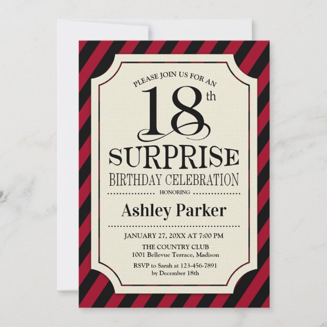Invitación Surprise 18th Birthday Party - Black Red Stripes (Anverso)