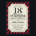Invitación Surprise 18th Birthday Party - Black Red Stripes<br><div class="desc">Invitación a la celebración de cumpleaños número 18 de sorpresa. Elegante diseño elegante con rayas negras rojas y estampado burlap. Presenta un elegante tipo de letra de guión negro. Mándame un mensaje si necesitas más personalización.</div>