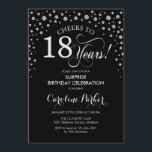 Invitación Surprise 18th Birthday Party - Black Silver<br><div class="desc">Sorpresa 18ª Invitación a la fiesta de cumpleaños. Elegante diseño en negro y falso purpurina plateado. Presenta el tipo de letra de guión y los diamantes confetti. ¡Salud a 18 años! Mándame un mensaje si necesitas más personalización.</div>
