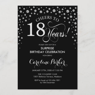Invitación Surprise 18th Birthday Party - Black Silver