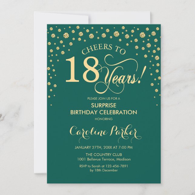 Invitación Surprise 18th Birthday Party - Emerald Green Gold (Anverso)