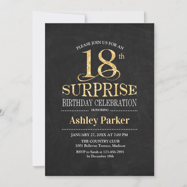 Invitación Surprise 18th Birthday Party - Gold Black (Anverso)