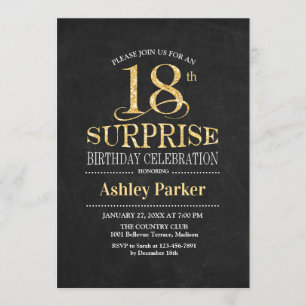 Invitación Surprise 18th Birthday Party - Gold Black