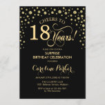 Invitación Surprise 18th Birthday Party - Gold Black<br><div class="desc">Sorpresa 18ª Invitación a la fiesta de cumpleaños. Diseño elegante en oro negro y falso purpurina . Presenta el tipo de letra de guión y los diamantes confetti. ¡Salud a 18 años! Mándame un mensaje si necesitas más personalización.</div>