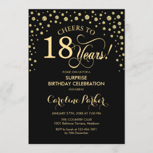 Invitación Surprise 18th Birthday Party - Gold Black