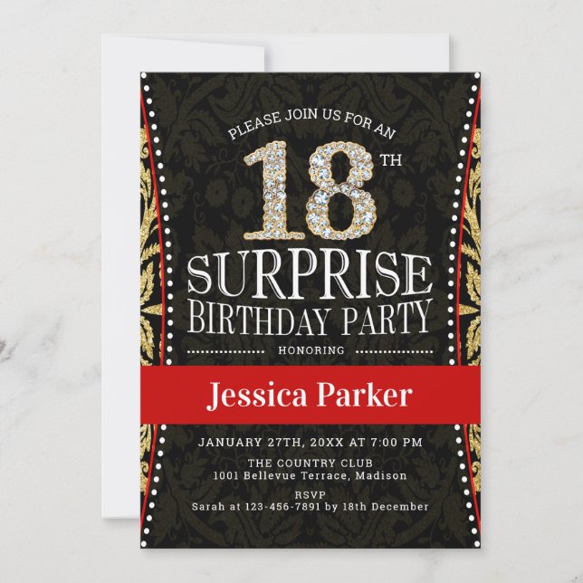 Invitación Surprise 18th Birthday Party - Gold Black Red (Anverso)