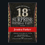 Invitación Surprise 18th Birthday Party - Gold Black Red<br><div class="desc">Sorpresa 18ª Invitación a la fiesta de cumpleaños Elegante diseño en falso oro purpurina,  negro y rojo.</div>