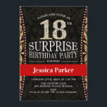 Invitación Surprise 18th Birthday Party - Gold Black Red<br><div class="desc">Sorpresa 18ª Invitación a la fiesta de cumpleaños Elegante diseño en falso oro purpurina,  negro y rojo.</div>