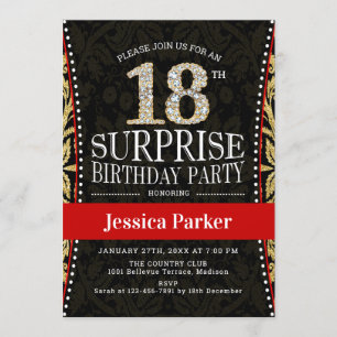 Invitación Surprise 18th Birthday Party - Gold Black Red