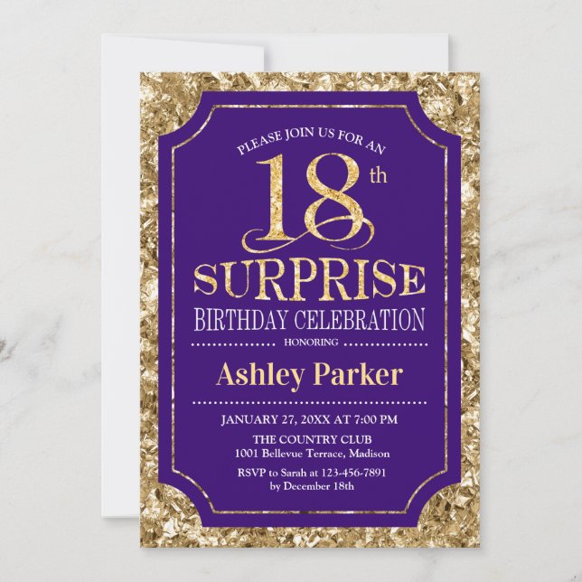 Invitación Surprise 18th Birthday Party - Gold Purple (Anverso)