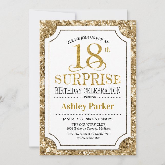 Invitación Surprise 18th Birthday Party - Gold White (Anverso)