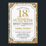 Invitación Surprise 18th Birthday Party - Gold White<br><div class="desc">Invitación a la celebración de cumpleaños número 18 de sorpresa. Elegante diseño elegante en tonos blanco y purpurina. Presenta una fuente de script elegante. Mándame un mensaje si necesitas más personalización.</div>