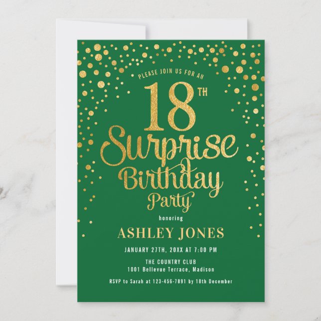Invitación Surprise 18th Birthday Party - Green & Gold (Anverso)