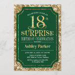 Invitación Surprise 18th Birthday Party - Green Gold<br><div class="desc">Invitación a la celebración de cumpleaños número 18 de sorpresa. Elegante diseño elegante en verde oscuro de bosque y falso patrón oro purpurina. Presenta una fuente de script elegante. Mándame un mensaje si necesitas más personalización.</div>