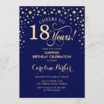 Invitación Surprise 18th Birthday Party - Marina Blue Gold<br><div class="desc">Sorpresa 18ª Invitación a la fiesta de cumpleaños. Elegante diseño en azul marino y falso oro purpurina. Presenta el tipo de letra de guión y los diamantes confetti. ¡Salud a 18 años! Mándame un mensaje si necesitas más personalización.</div>