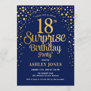 Invitación Surprise 18th Birthday Party - Navy & Gold