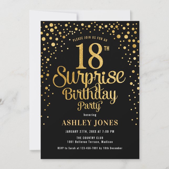 Invitación Surprise 18th Birthday Party - Negro y Oro (Anverso)