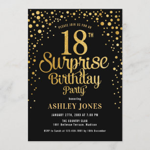 Invitación Surprise 18th Birthday Party - Negro y Oro