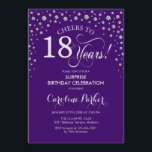 Invitación Surprise 18th Birthday Party - Plata Morada<br><div class="desc">Sorpresa 18ª Invitación a la fiesta de cumpleaños. Elegante diseño en color púrpura y falso purpurina plateado. Presenta el tipo de letra de guión y los diamantes confetti. ¡Salud a 18 años! Mándame un mensaje si necesitas más personalización.</div>