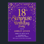 Invitación Surprise 18th Birthday Party - Purple & Gold<br><div class="desc">Sorpresa 18ª Invitación a la fiesta de cumpleaños. Elegante diseño en morado oscuro real y en oro falso purpurina. Presenta un diseño elegante de tipo de letra y letra de guión. Mándame un mensaje si necesitas edad personalizado.</div>