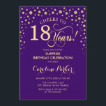 Invitación Surprise 18th Birthday Party - Purple Gold<br><div class="desc">Sorpresa 18ª Invitación a la fiesta de cumpleaños. Elegante diseño de color púrpura real y oro falso purpurina. Presenta el tipo de letra de guión y los diamantes confetti. ¡Salud a 18 años! Mándame un mensaje si necesitas más personalización.</div>