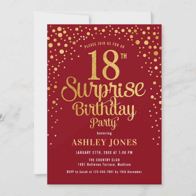 Invitación Surprise 18th Birthday Party - Red & Gold (Anverso)