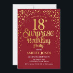 Invitación Surprise 18th Birthday Party - Red & Gold<br><div class="desc">Sorpresa 18ª Invitación a la fiesta de cumpleaños. Elegante diseño de color rojo oscuro y falso oro purpurina. Presenta un diseño elegante de tipo de letra y letra de guión. Mándame un mensaje si necesitas edad personalizado.</div>