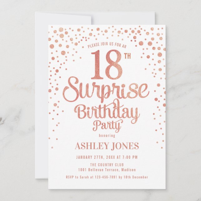Invitación Surprise 18th Birthday Party - Rosa Gold & White (Anverso)
