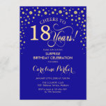 Invitación Surprise 18th Birthday Party - Royal Blue Gold<br><div class="desc">Sorpresa 18ª Invitación a la fiesta de cumpleaños. Elegante diseño en azul real zafiro y oro falso purpurina. Presenta el tipo de letra de guión y los diamantes confetti. ¡Salud a 18 años! Mándame un mensaje si necesitas más personalización.</div>