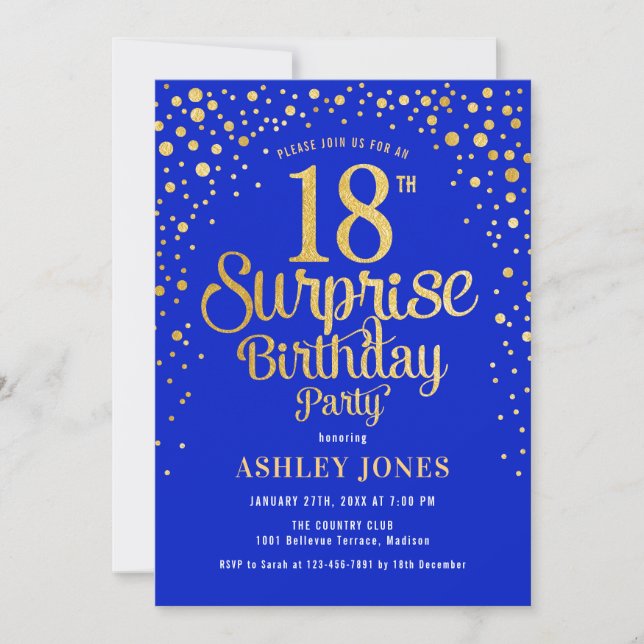 Invitación Surprise 18th Birthday Party - Royal Blue & Gold (Anverso)