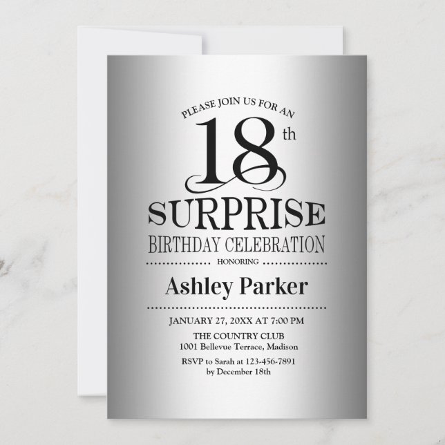 Invitación Surprise 18th Birthday Party - Silver (Anverso)