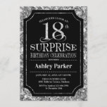 Invitación Surprise 18th Birthday Party - Silver Black<br><div class="desc">Invitación a la celebración de cumpleaños número 18 de sorpresa. Elegante diseño elegante en negro y falso purpurina plateado. Presenta una fuente de script elegante. Mándame un mensaje si necesitas más personalización.</div>