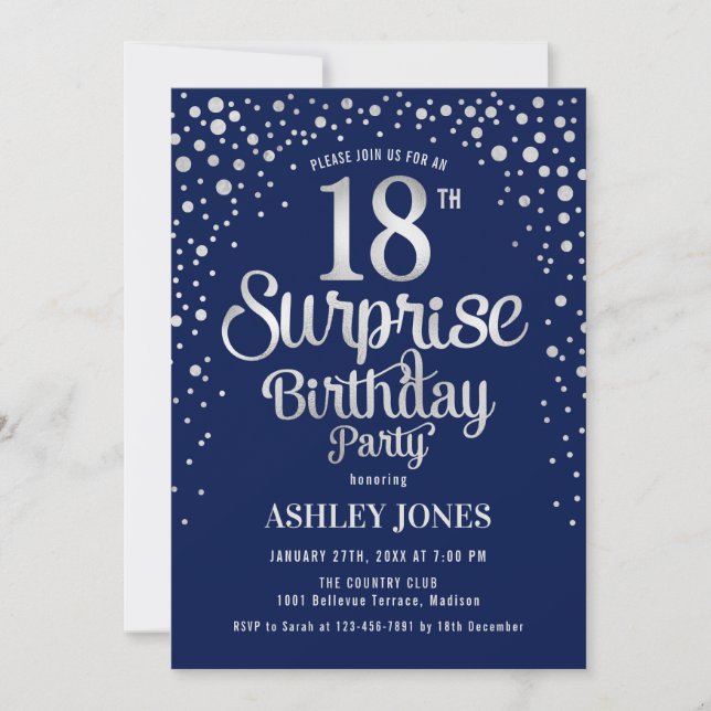 Invitación Surprise 18th Birthday Party - Silver & Navy Blue (Anverso)