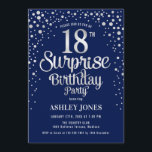 Invitación Surprise 18th Birthday Party - Silver & Navy Blue<br><div class="desc">Sorpresa 18ª Invitación a la fiesta de cumpleaños. Elegante diseño en azul marino y falsa plata purpurina. Presenta un diseño elegante de tipo de letra y letra de guión. Mándame un mensaje si necesitas edad personalizado.</div>