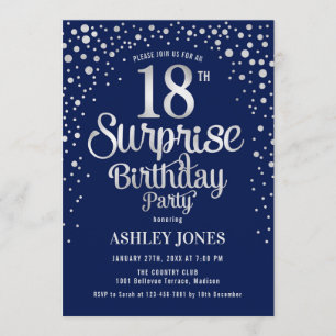 Invitación Surprise 18th Birthday Party - Silver & Navy Blue
