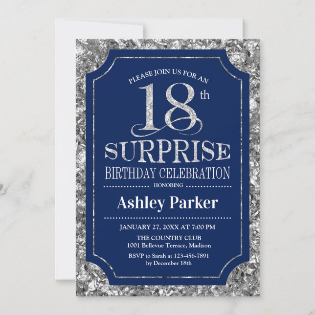 Invitación Surprise 18th Birthday Party - Silver Navy Blue (Anverso)